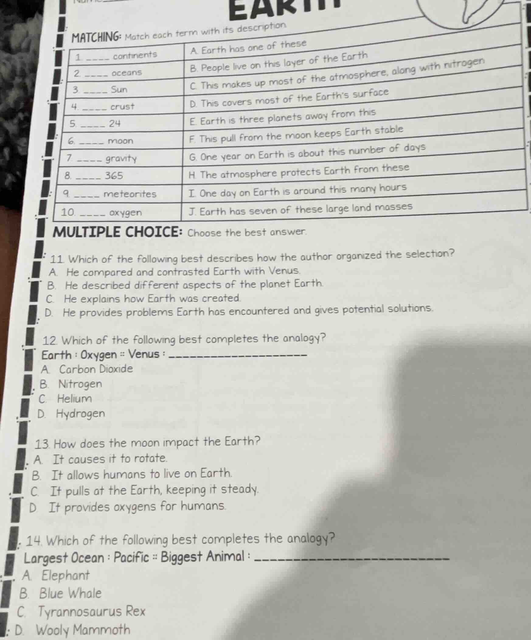 matching: match each term with its description 1 _____ continents a. ea…