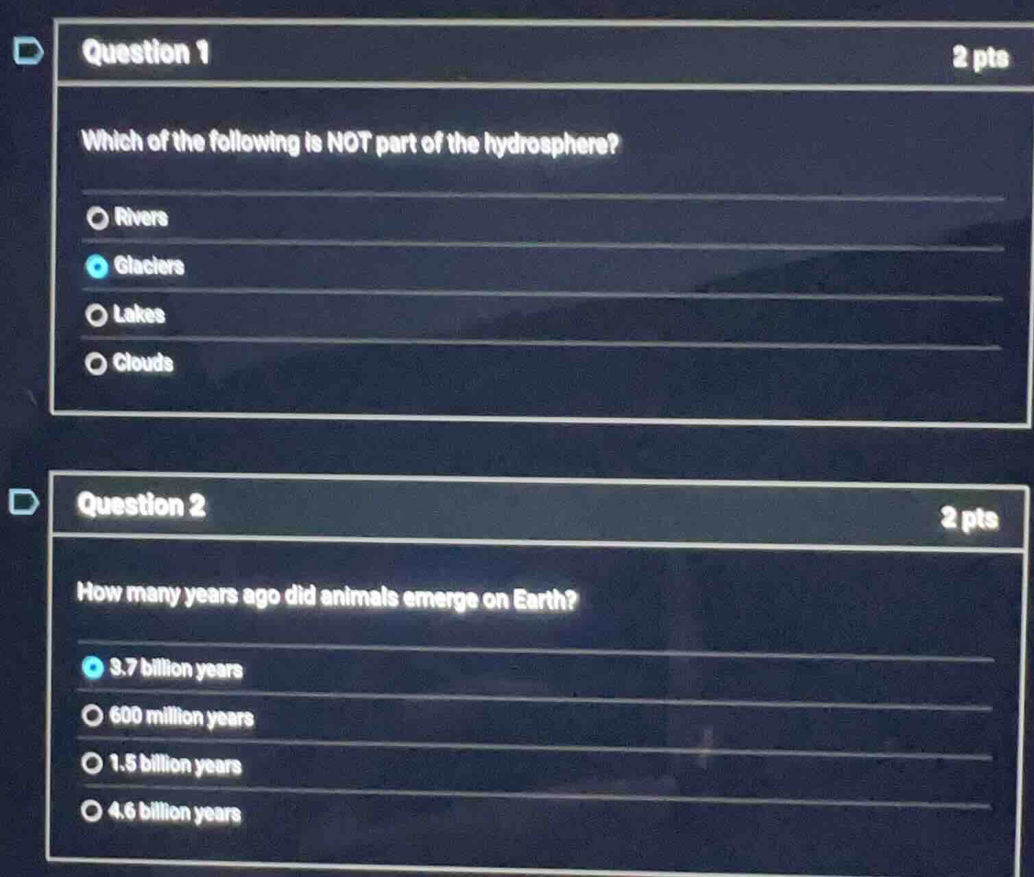 question 1 2 pts which of the following is not part of the hydrosphere?…