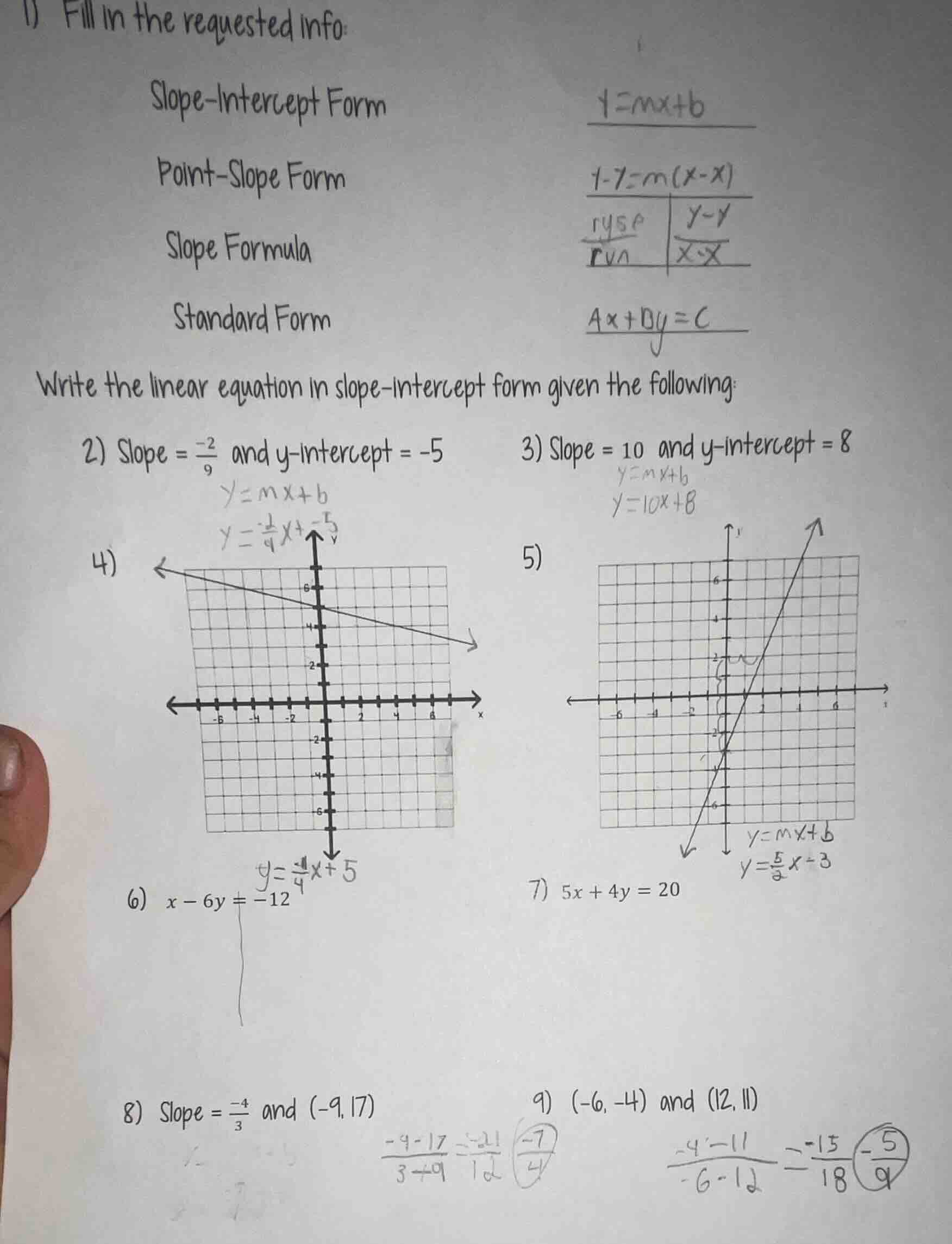 1) fill in the requested info: slope-intercept form point-slope form sl…