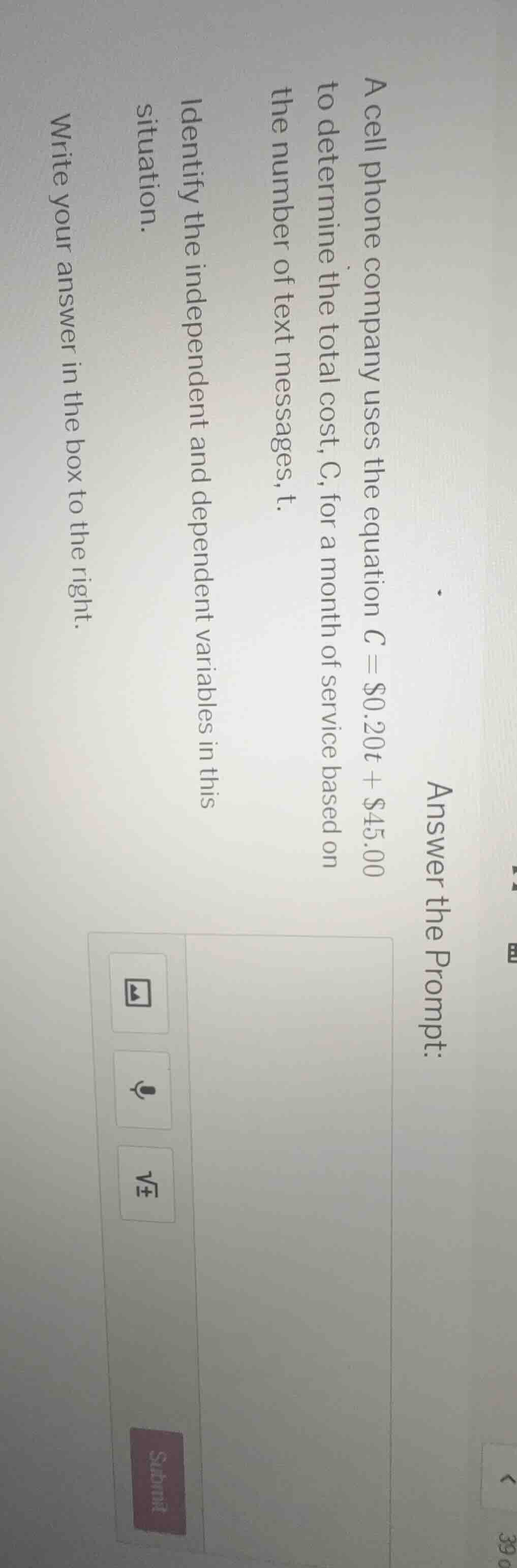 answer the prompt: a cell phone company uses the equation $c = $0.20t +…