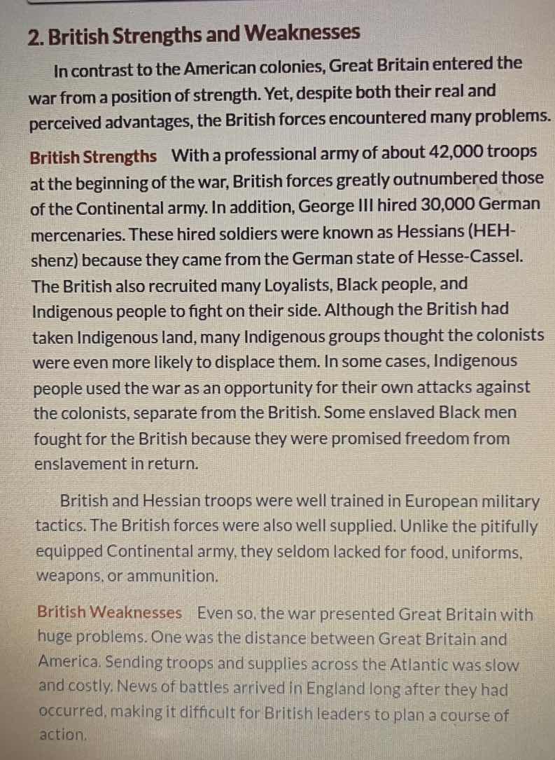 2. british strengths and weaknesses in contrast to the american colonie…
