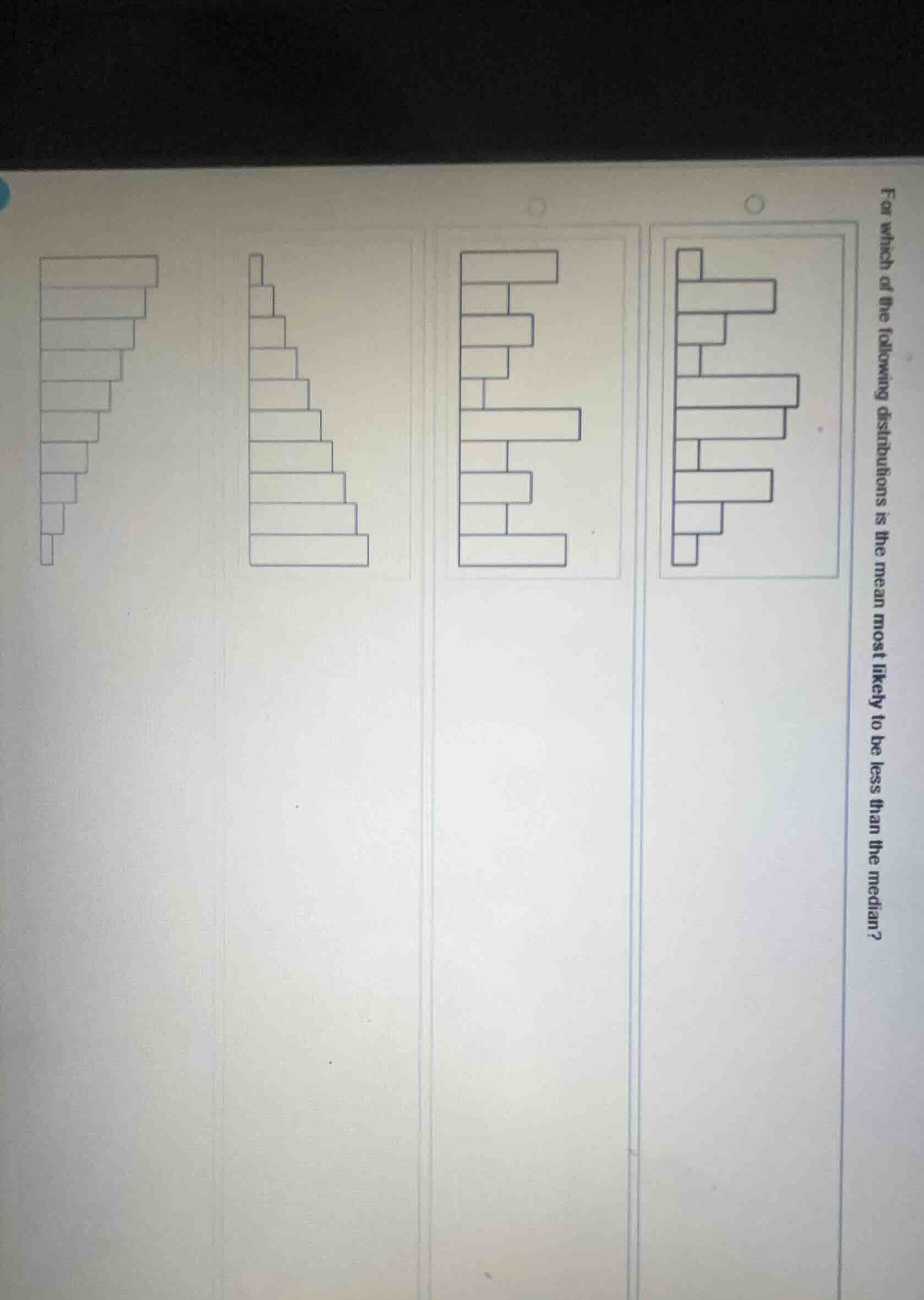 for which of the following distributions is the mean most likely to be …