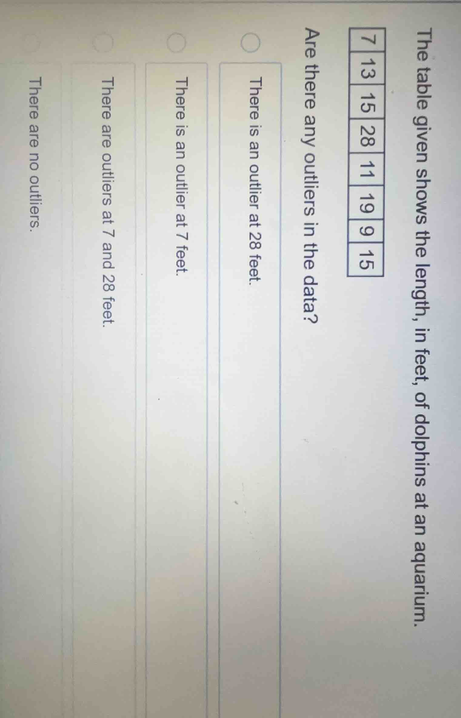 the table given shows the length, in feet, of dolphins at an aquarium. …