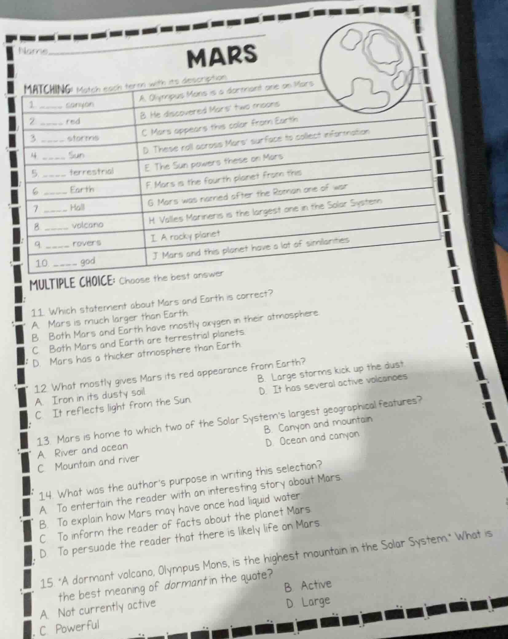 name mars matching: match each term with its description 1. ______ cany…