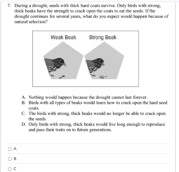 7. during a drought, seeds with thick hard coats survive. only birds wi…