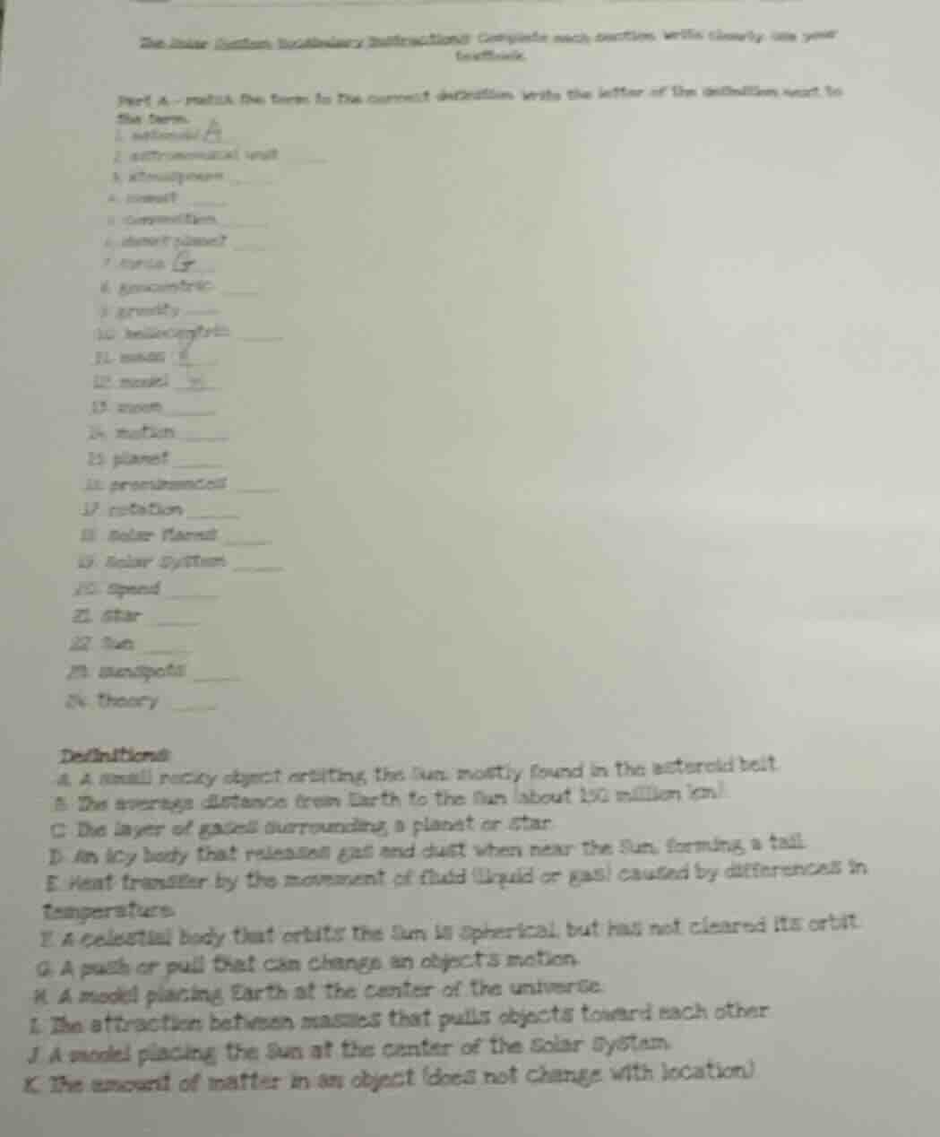 the inner solar system vocabulary directions: complete each section wit…