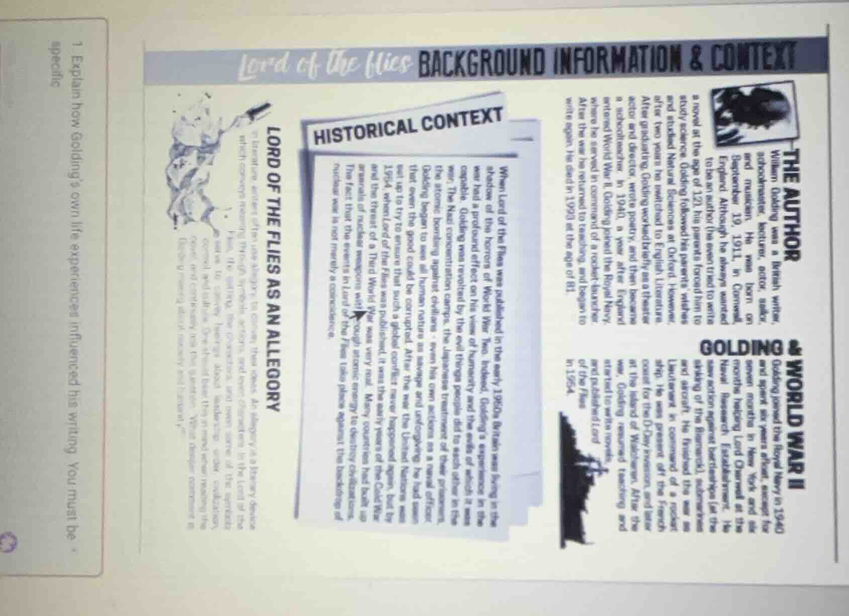 1 explain how golding’s own life experiences influenced his writing. yo…