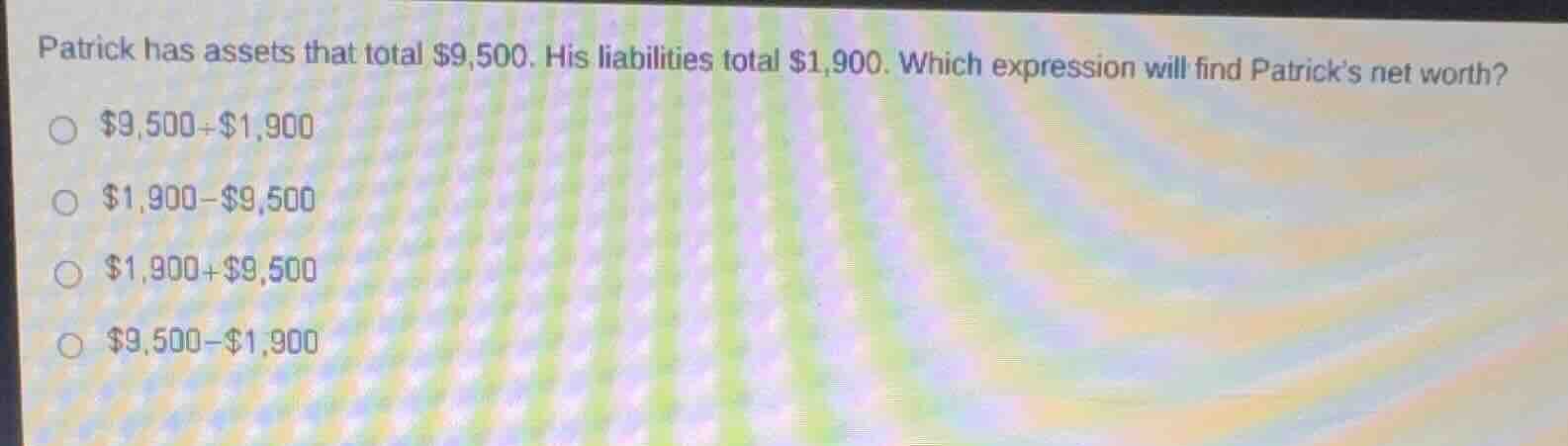 patrick has assets that total $9,500. his liabilities total $1,900. whi…