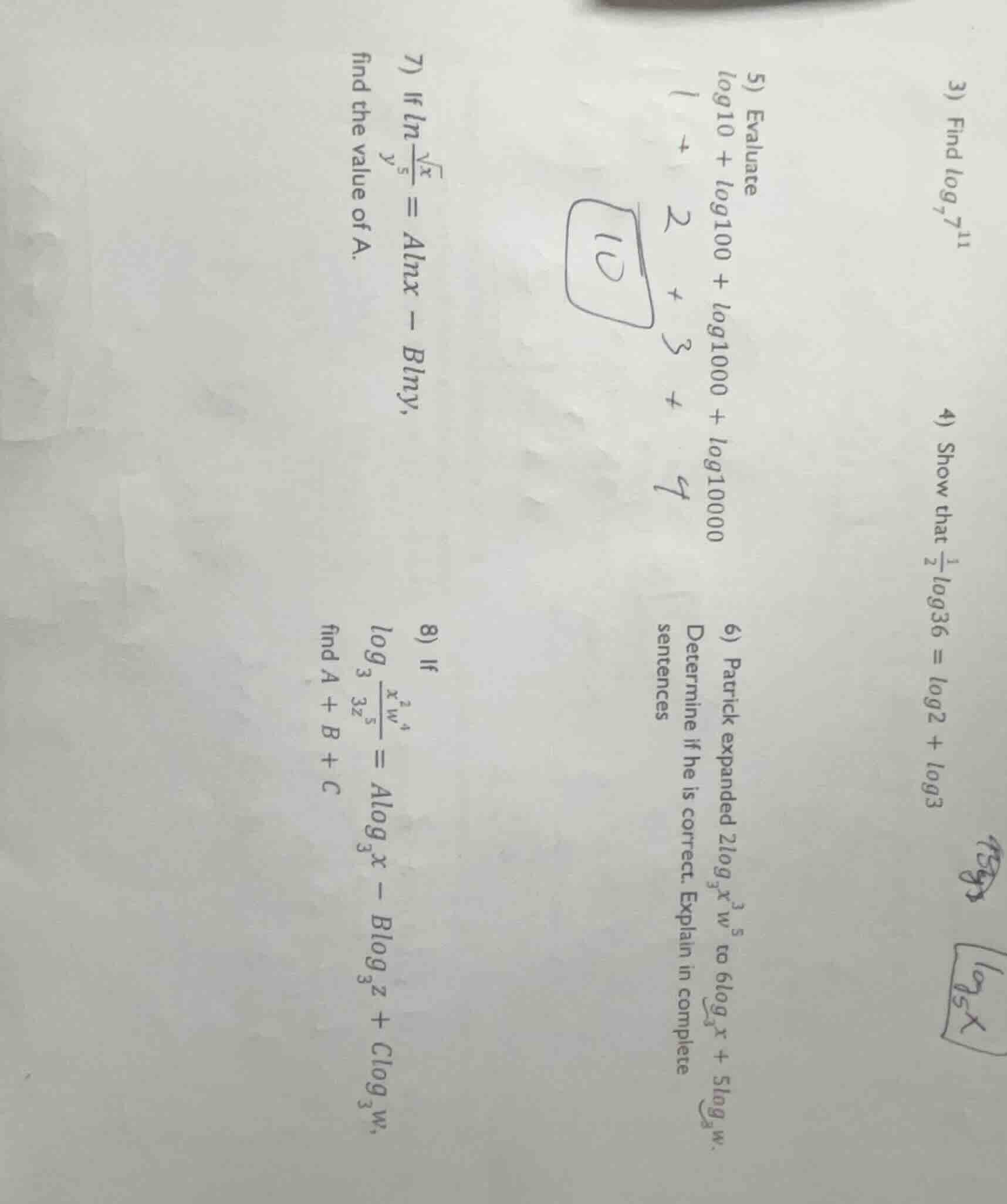 3) find \\( \\log_{7} 7^{11} \\)\ 4) show that \\( \\frac{1}{2} \\log_{…