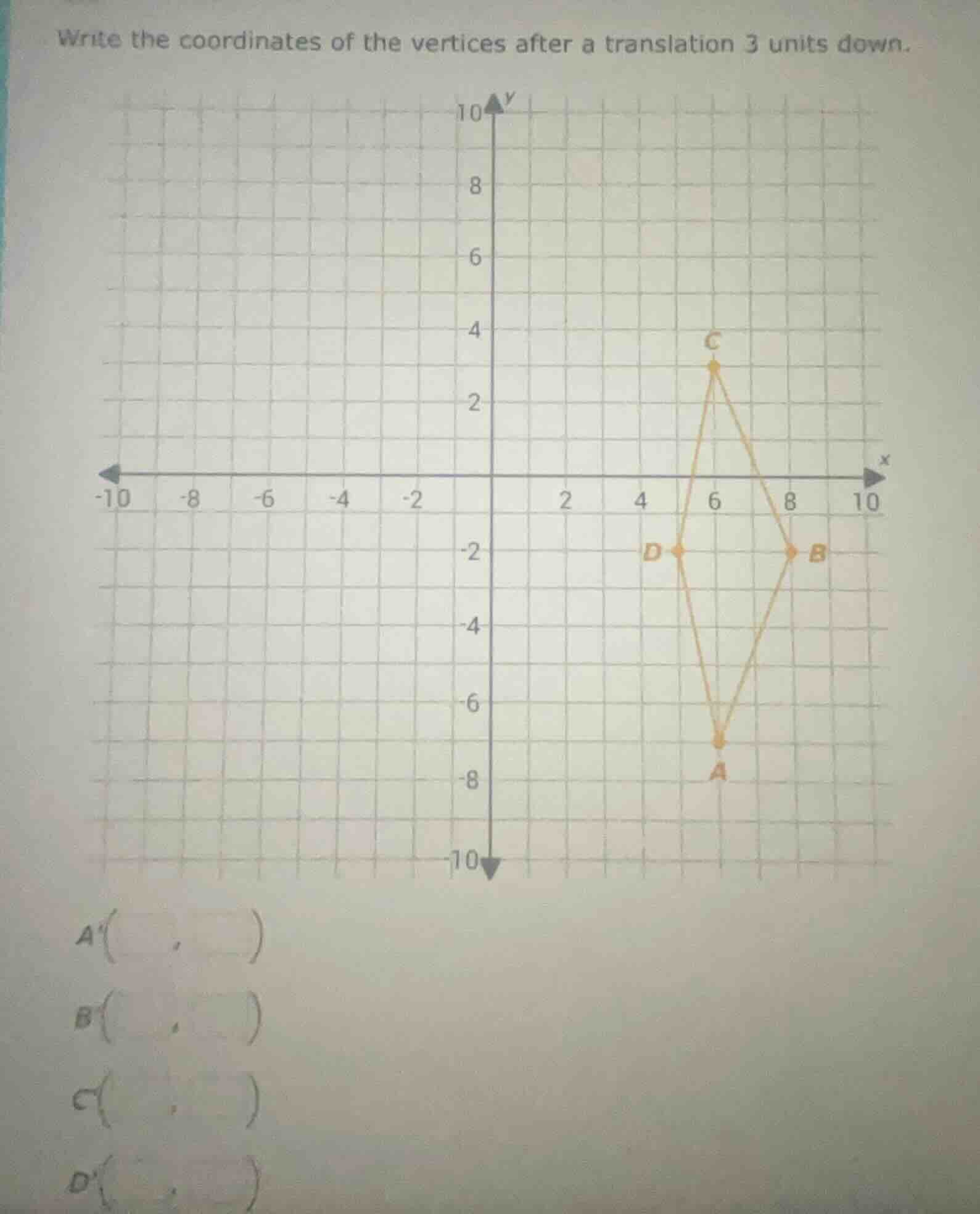 write the coordinates of the vertices after a translation 3 units down.…