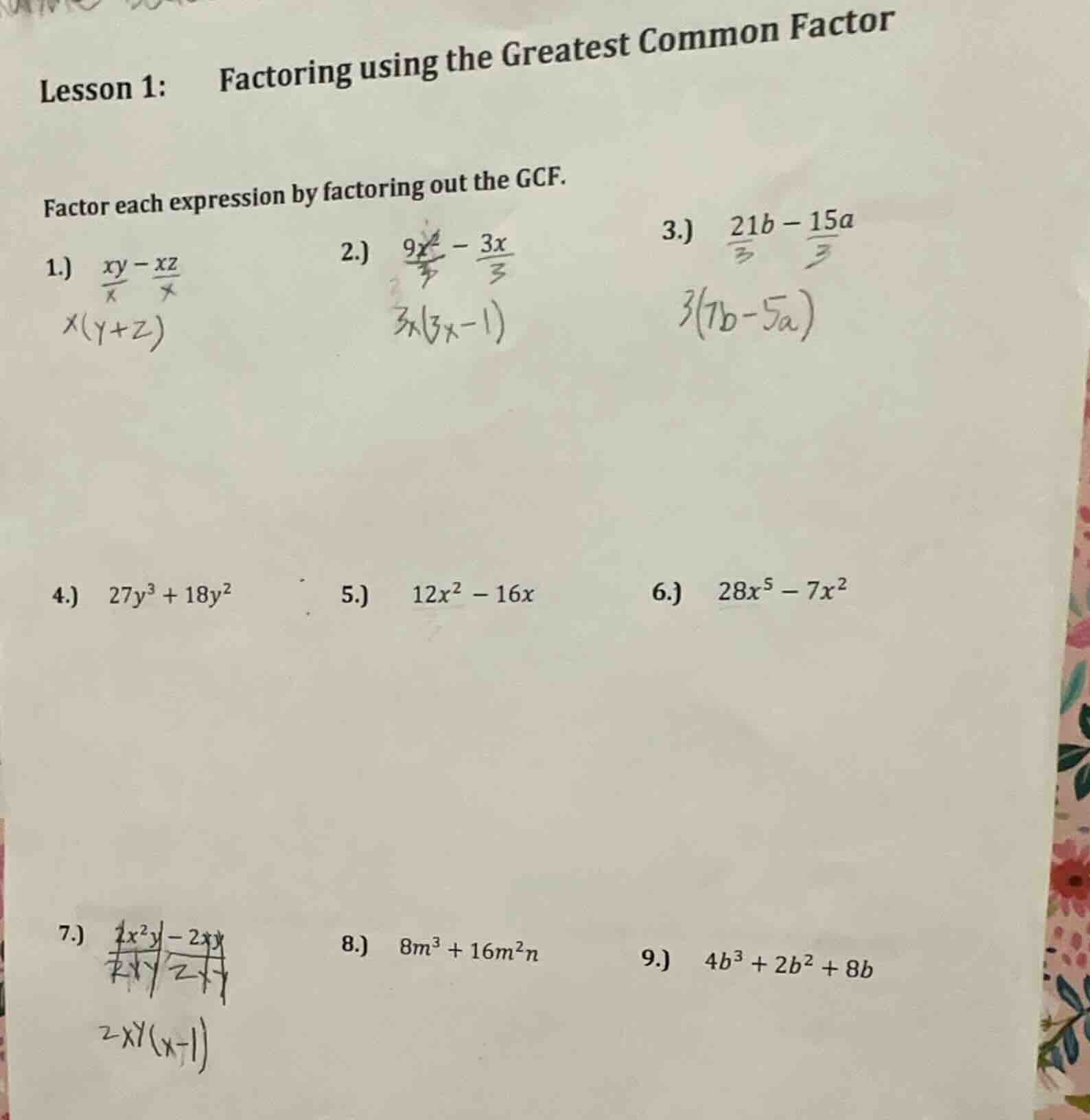 lesson 1: factoring using the greatest common factor factor each expres…