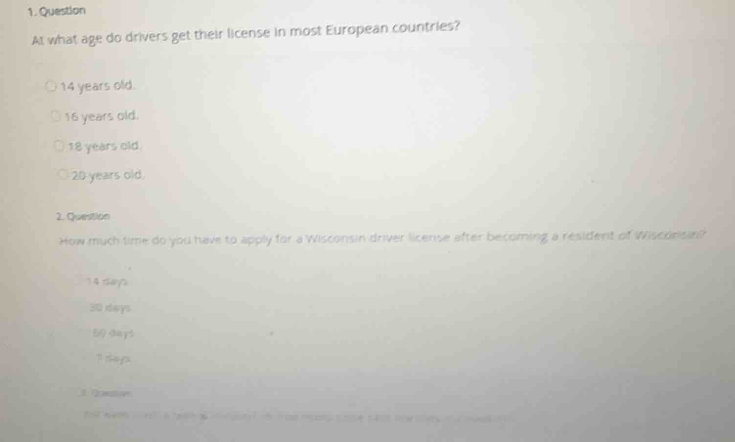 1. question at what age do drivers get their license in most european c…