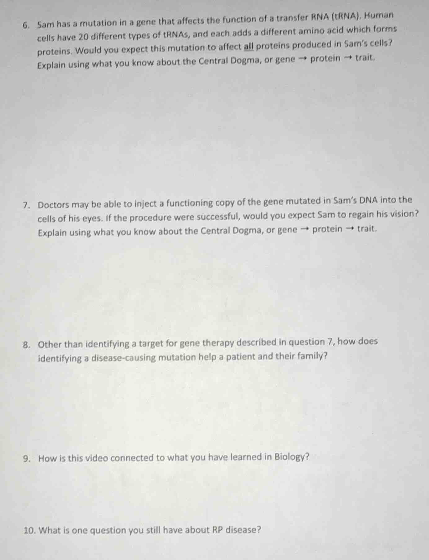 6. sam has a mutation in a gene that affects the function of a transfer…