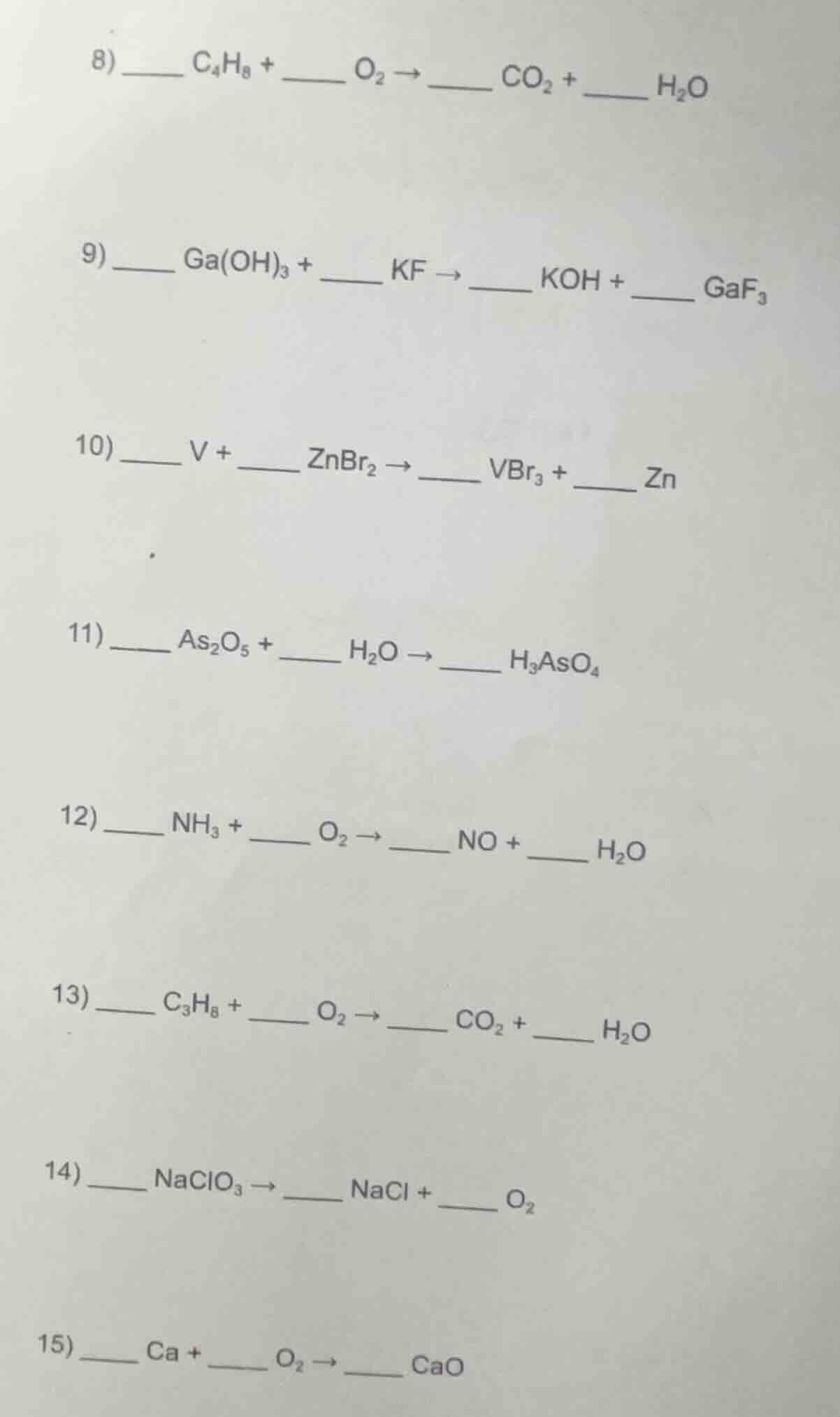 8) ______ $\\ce{c_{4}h_{8}}$ + ______ $\\ce{o_{2}}$ $\ ightarrow$ _____…