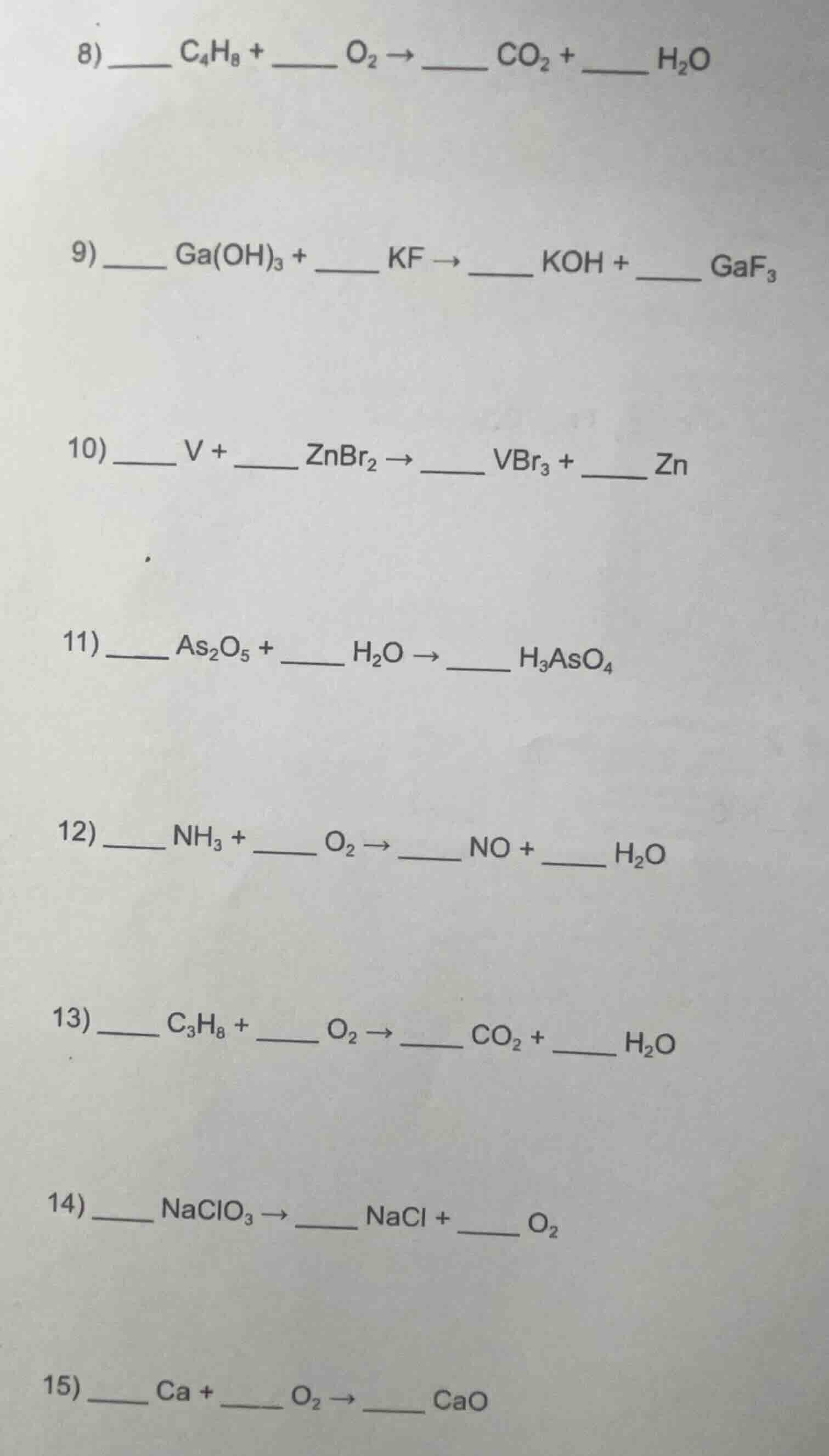 8) \\underline{\\quad\\quad} c₄h₈ + \\underline{\\quad\\quad} o₂ → \\un…