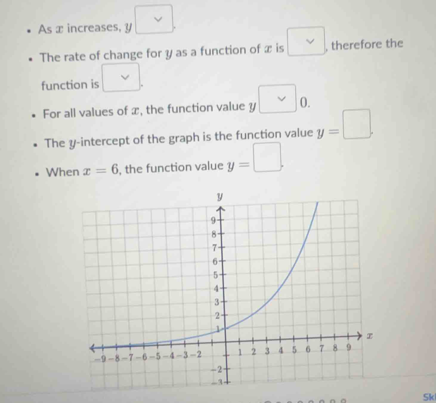 • as ( x ) increases, ( y ) (\boxed{quad}). • the rate of change for ( …