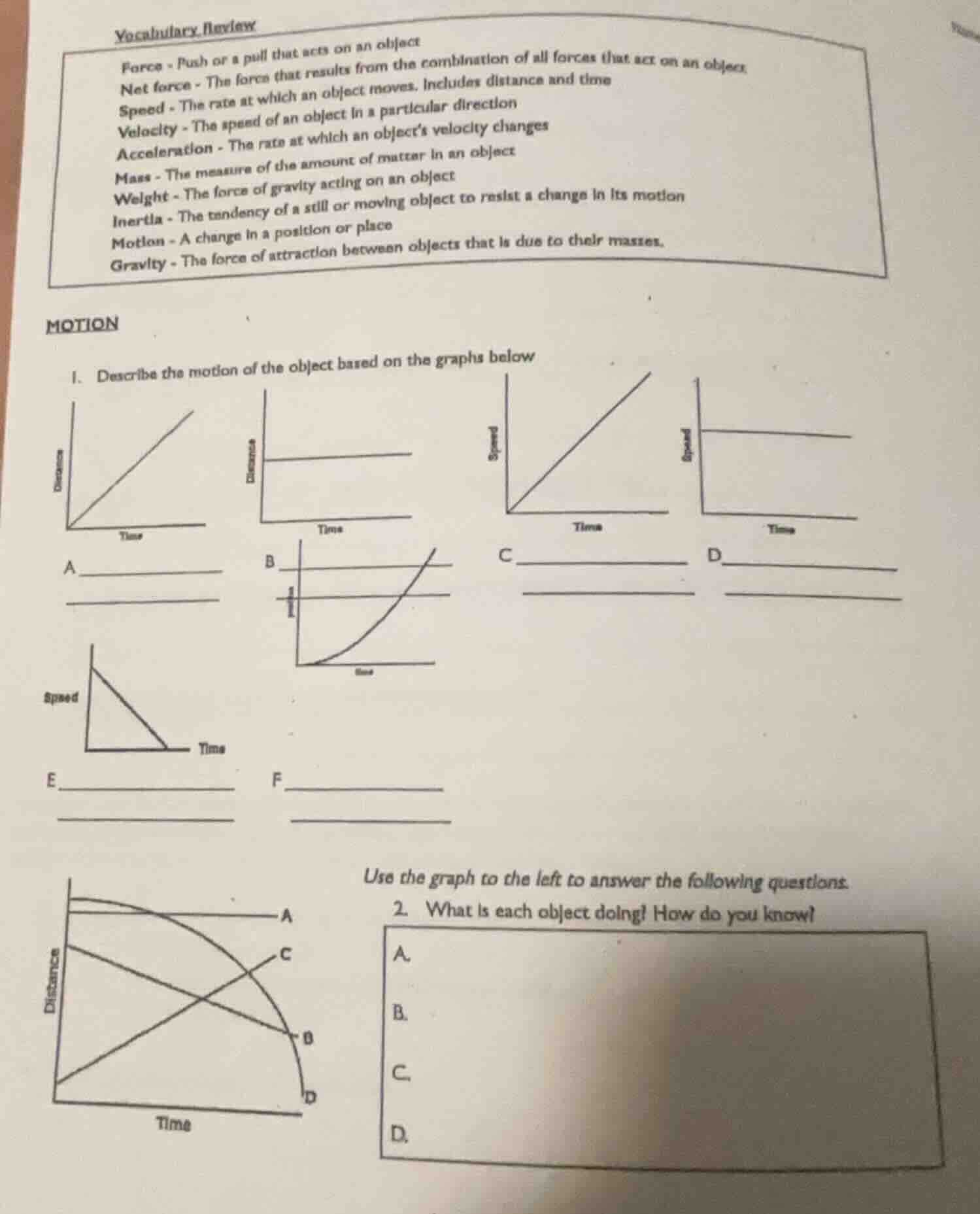 vocabulary review force - push or a pull that acts on an object net for…