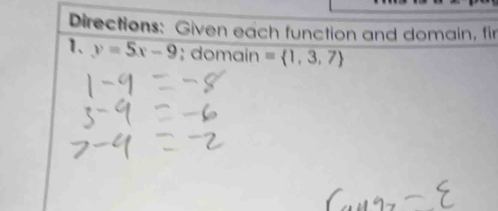 directions: given each function and domain, fi1. y = 5x - 9; domain = {…