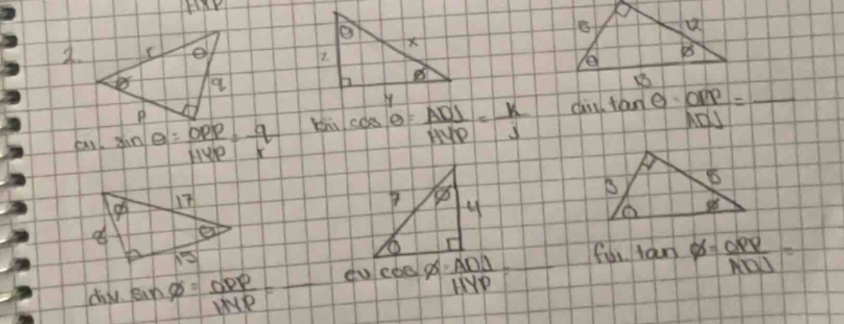 2. a) $sin \\theta = \\frac{opp}{hyp} = \\frac{q}{r}$ b) $cos \\theta =…