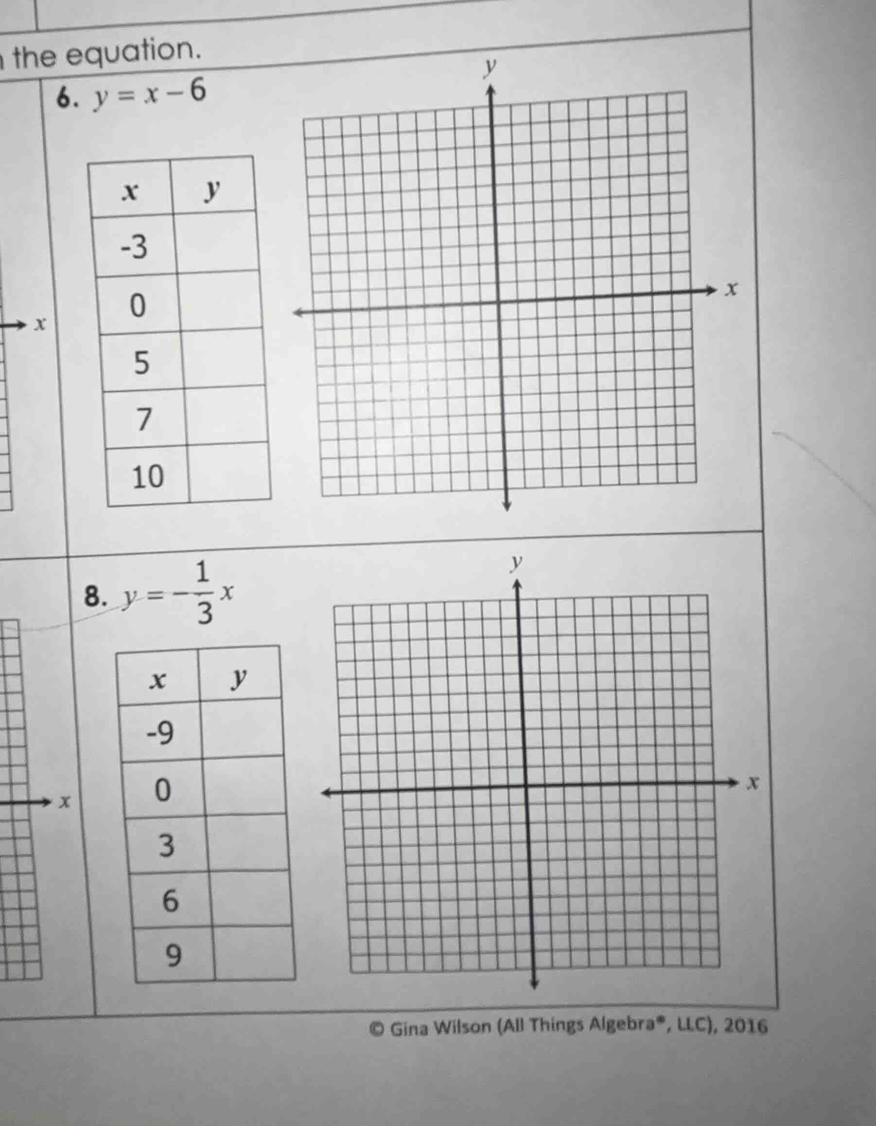 n the equation. 6. $y = x - 6$ | $x$ | $y$ | | --- | --- | | $-3$ | | |…