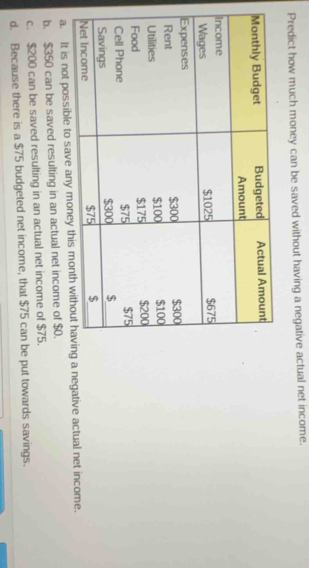 predict how much money can be saved without having a negative actual ne…