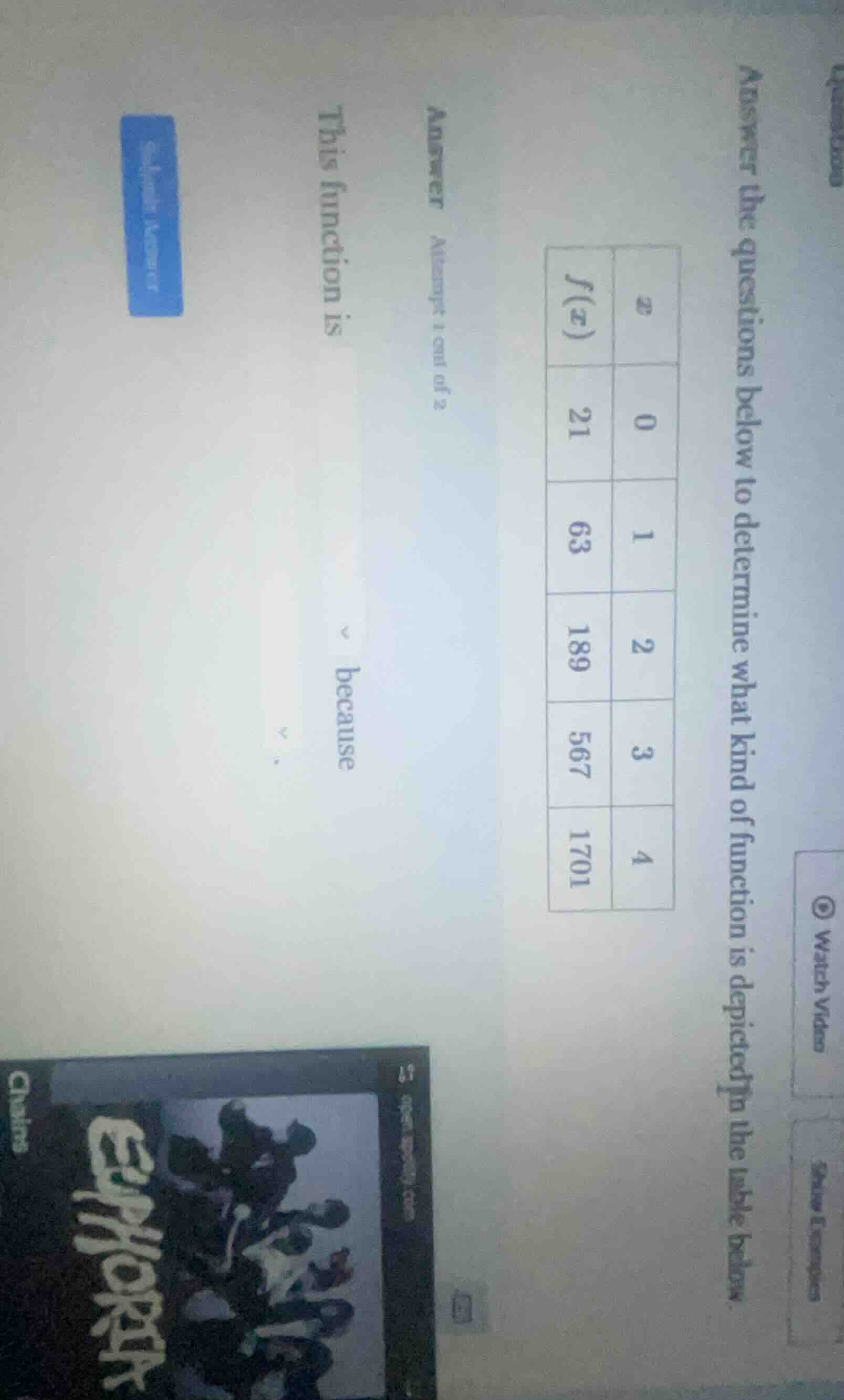 answer the questions below to determine what kind of function is depict…