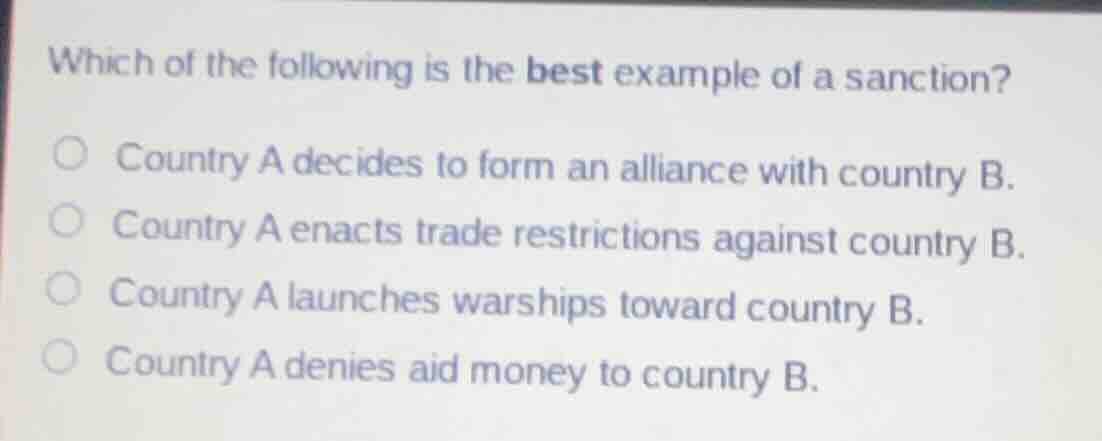 which of the following is the best example of a sanction? ○ country a d…