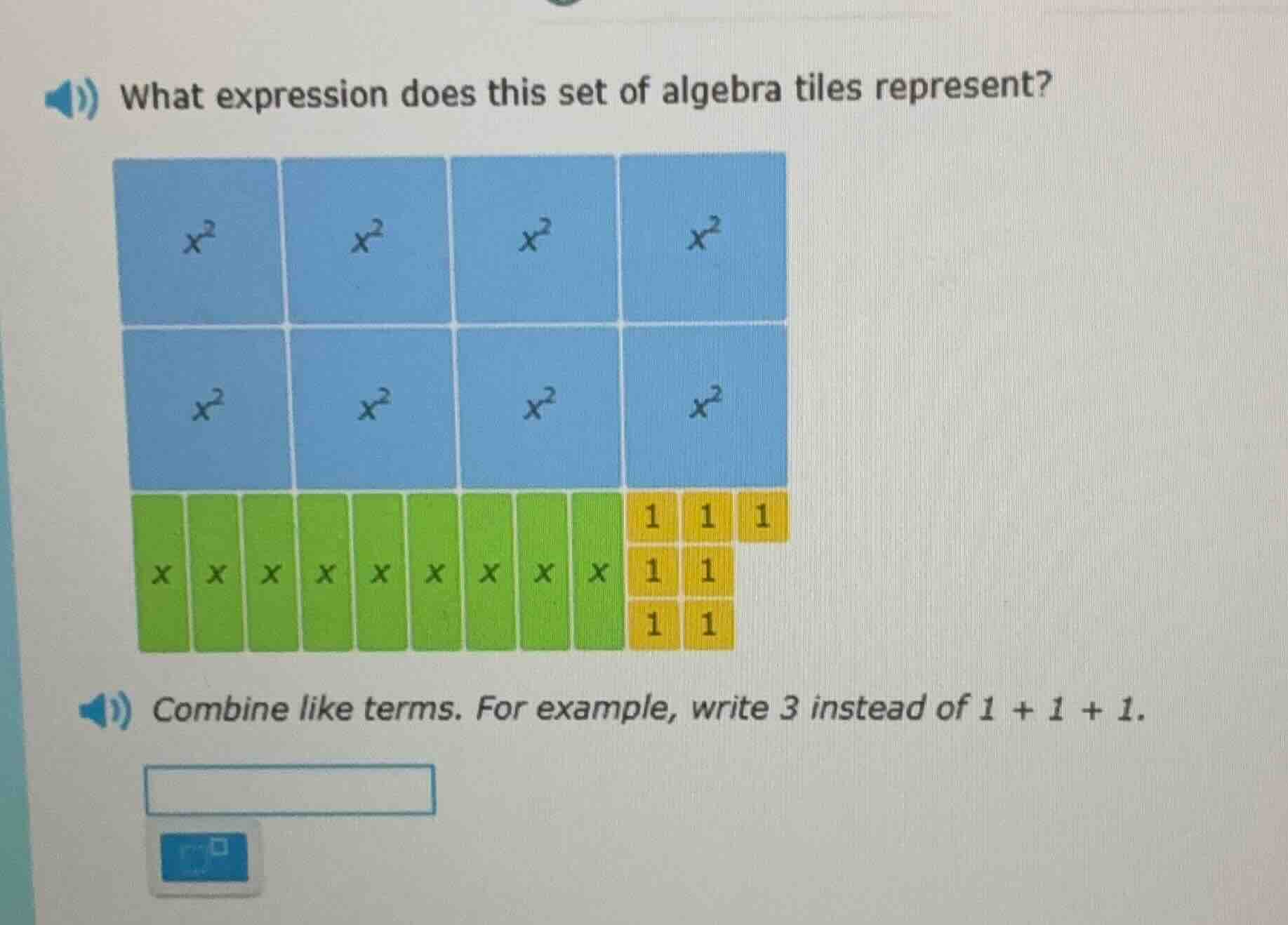 what expression does this set of algebra tiles represent? combine like …