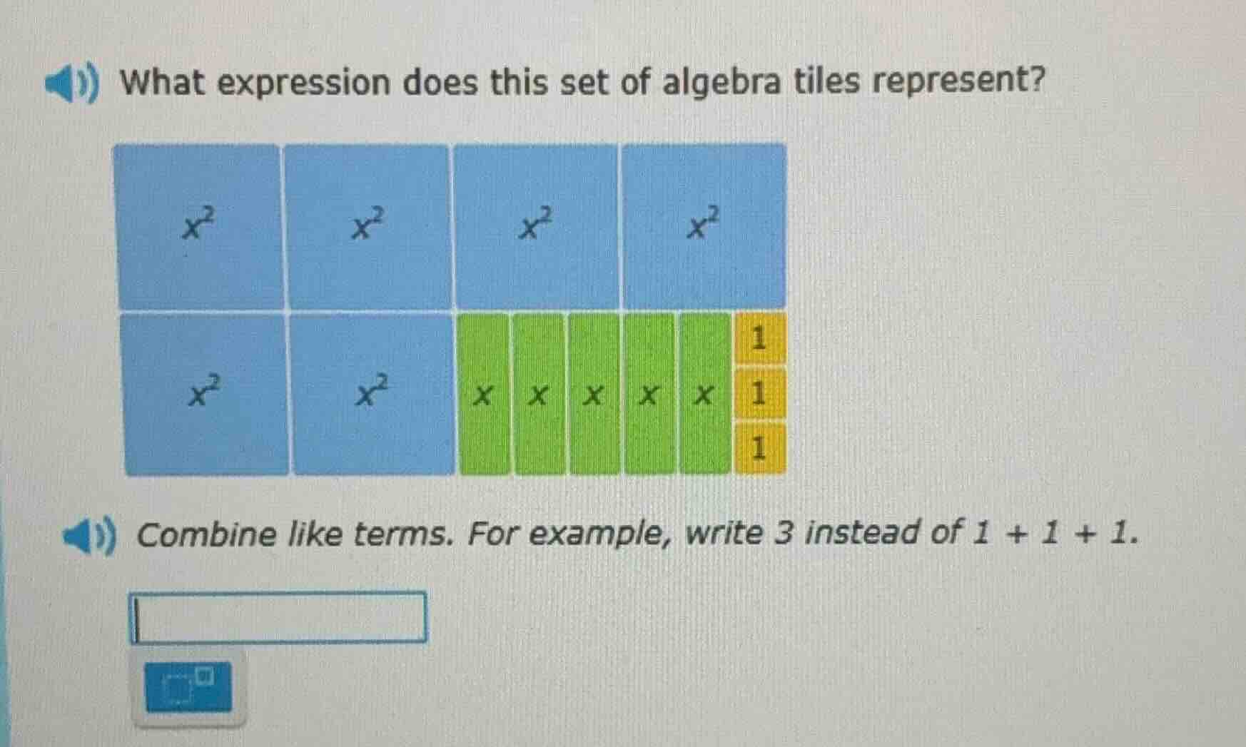 what expression does this set of algebra tiles represent? combine like …