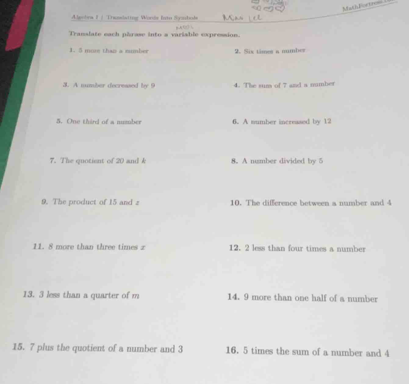 algebra 1 | translating words into symbols translate each phrase into a…
