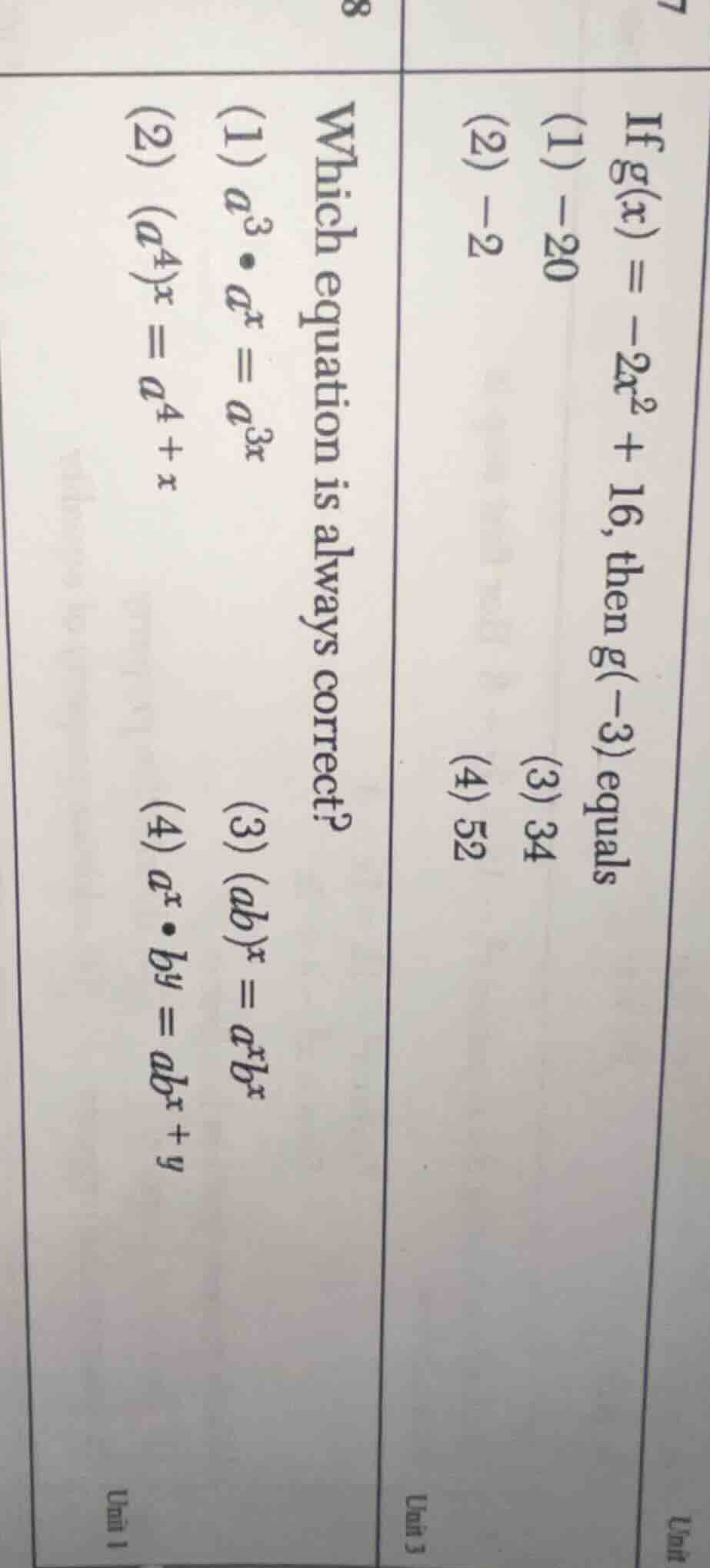 7 if g(x) = -2x² + 16, then g(-3) equals (1) -20 (2) -2 (3) 34 (4) 52 8…