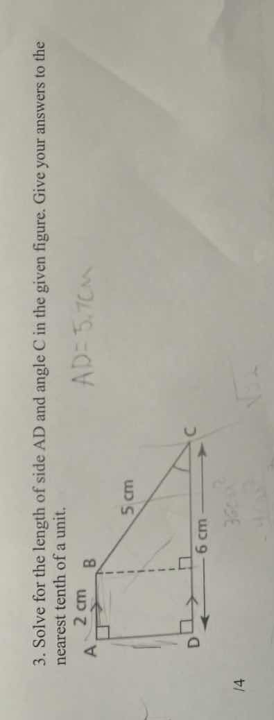 3. solve for the length of side ad and angle c in the given figure. giv…