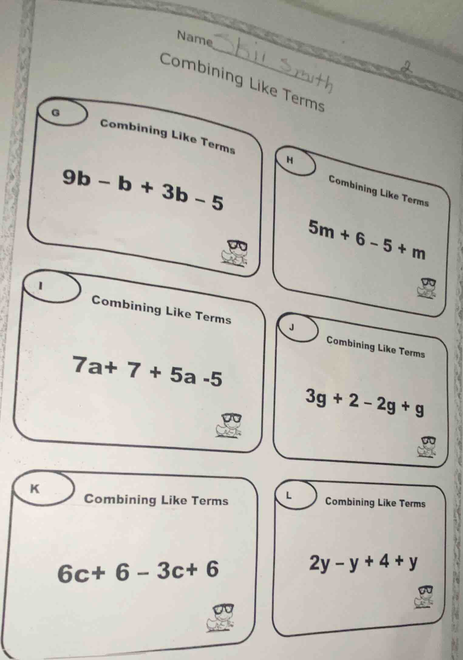 name combining like terms g combining like terms 9b - b + 3b - 5 h comb…