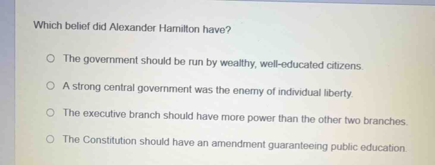 which belief did alexander hamilton have? the government should be run …