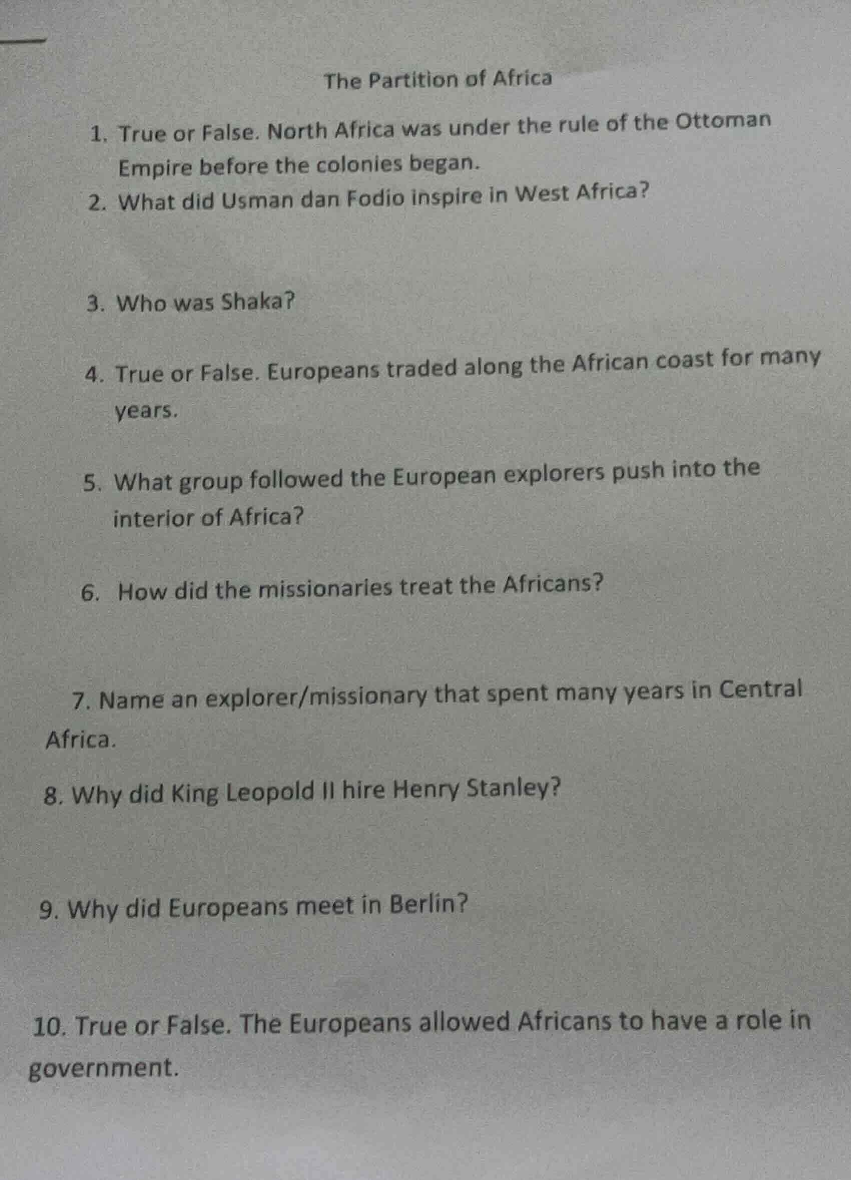 the partition of africa 1. true or false. north africa was under the ru…