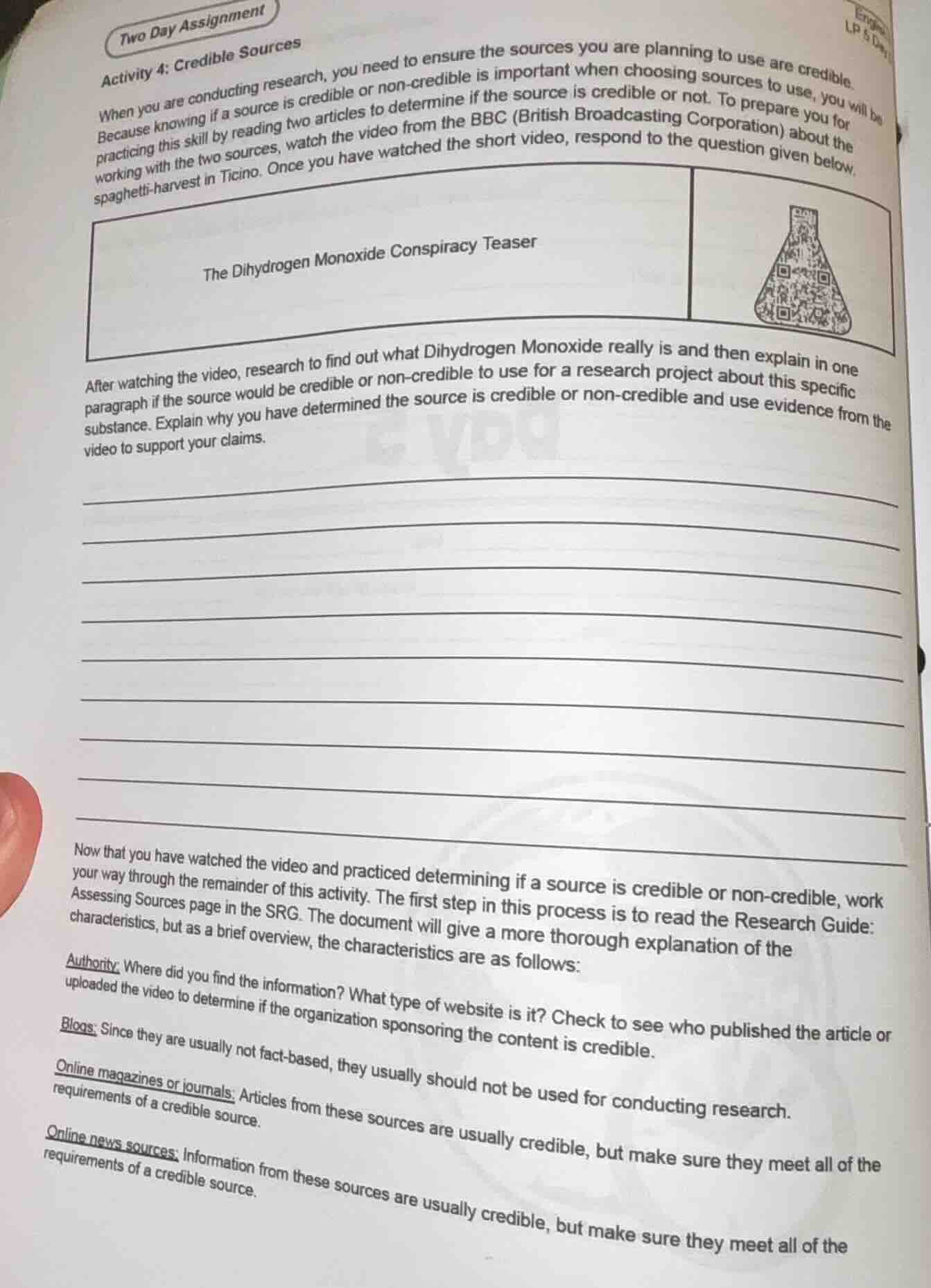 two day assignment activity 4: credible sources when you are conducting…