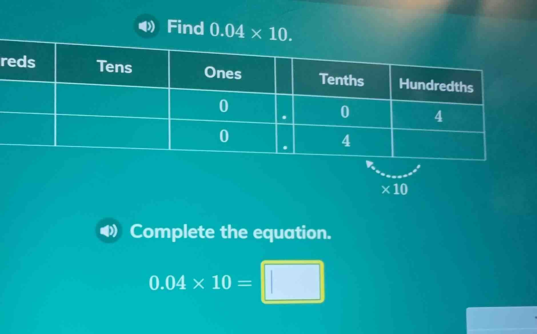 find $0.04 \\times 10$. (chart with columns: tens, ones, tenths, hundre…
