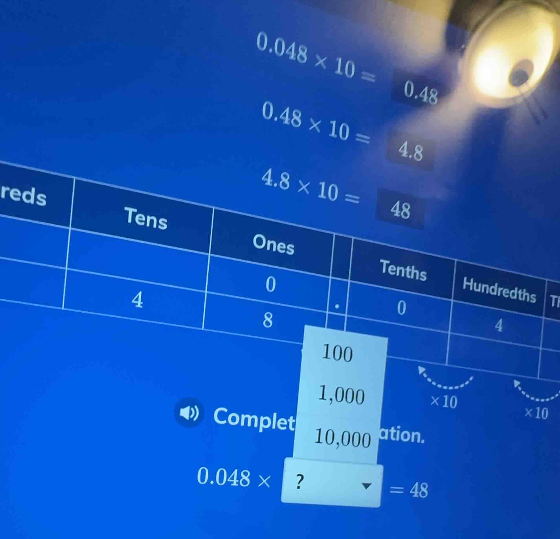 0.048 × 10 = 0.48 0.48 × 10 = 4.8 4.8 × 10 = 48 (chart with place value…