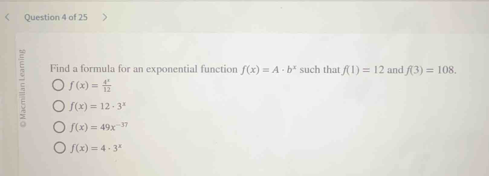 question 4 of 25 find a formula for an exponential function $f(x) = a \…