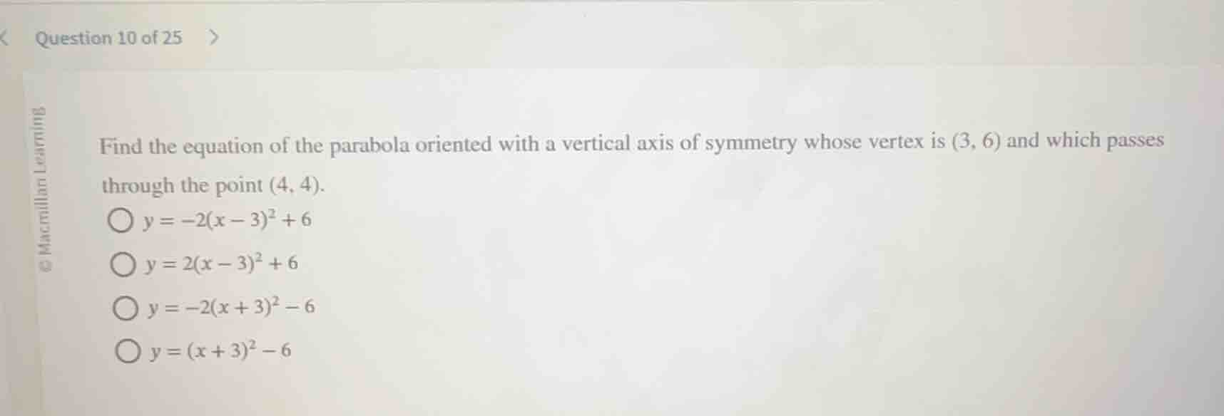 question 10 of 25 find the equation of the parabola oriented with a ver…