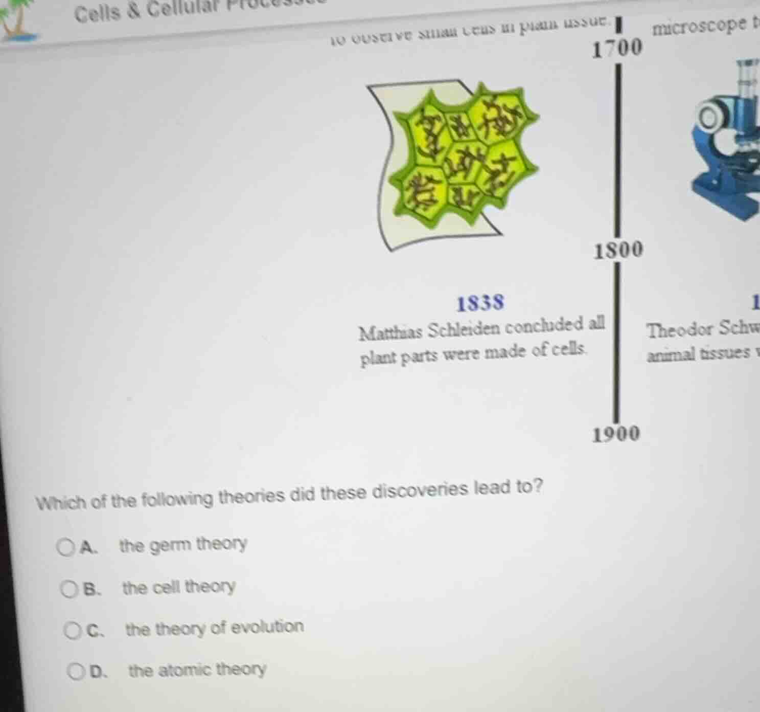 cells & cellular processes 1700 1838 matthias schleiden concluded all p…