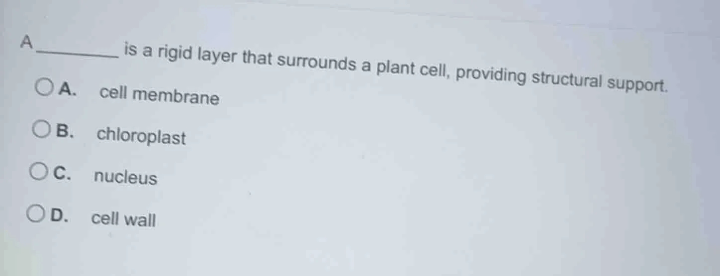 a______ is a rigid layer that surrounds a plant cell, providing structu…