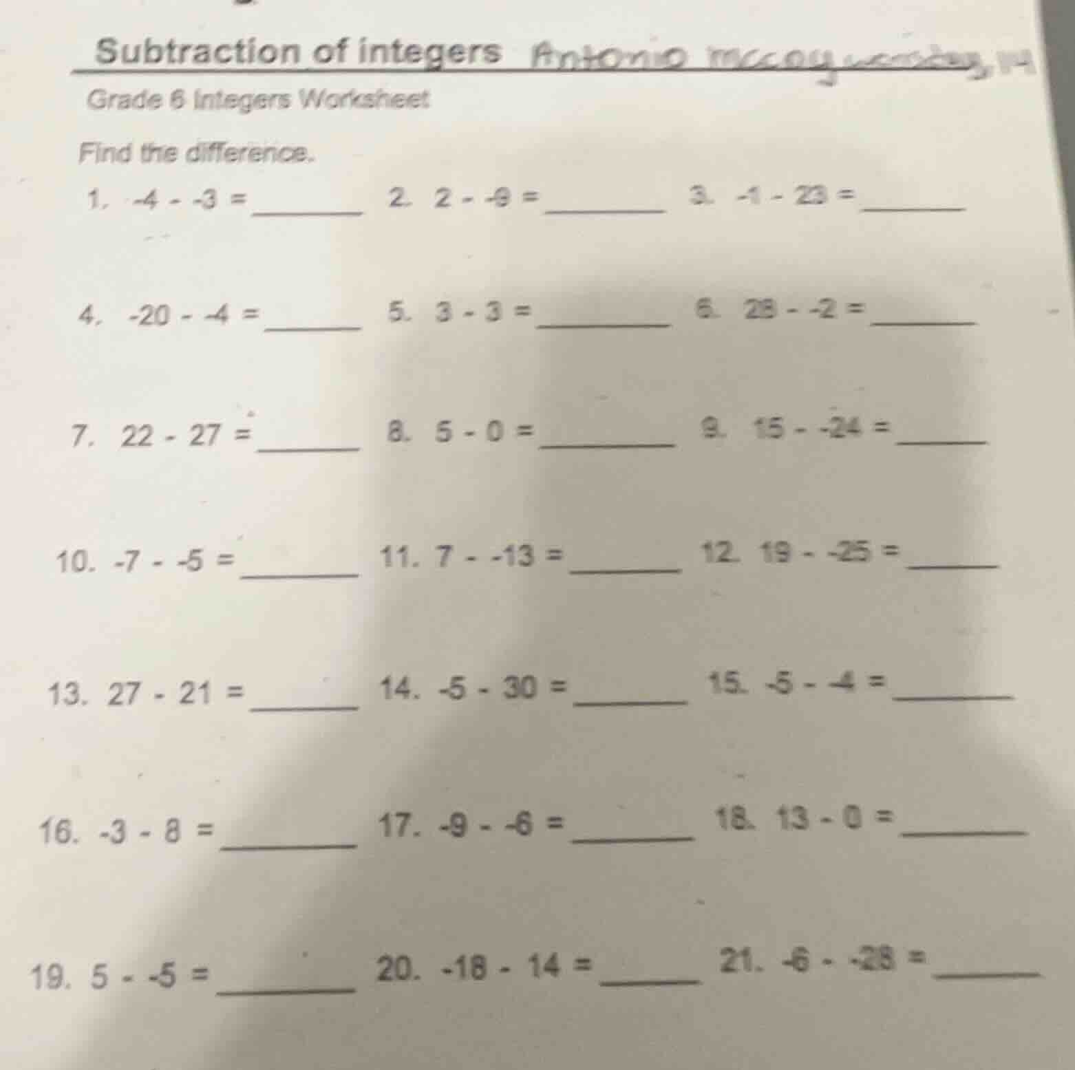 subtraction of integers grade 6 integers worksheet find the difference.…