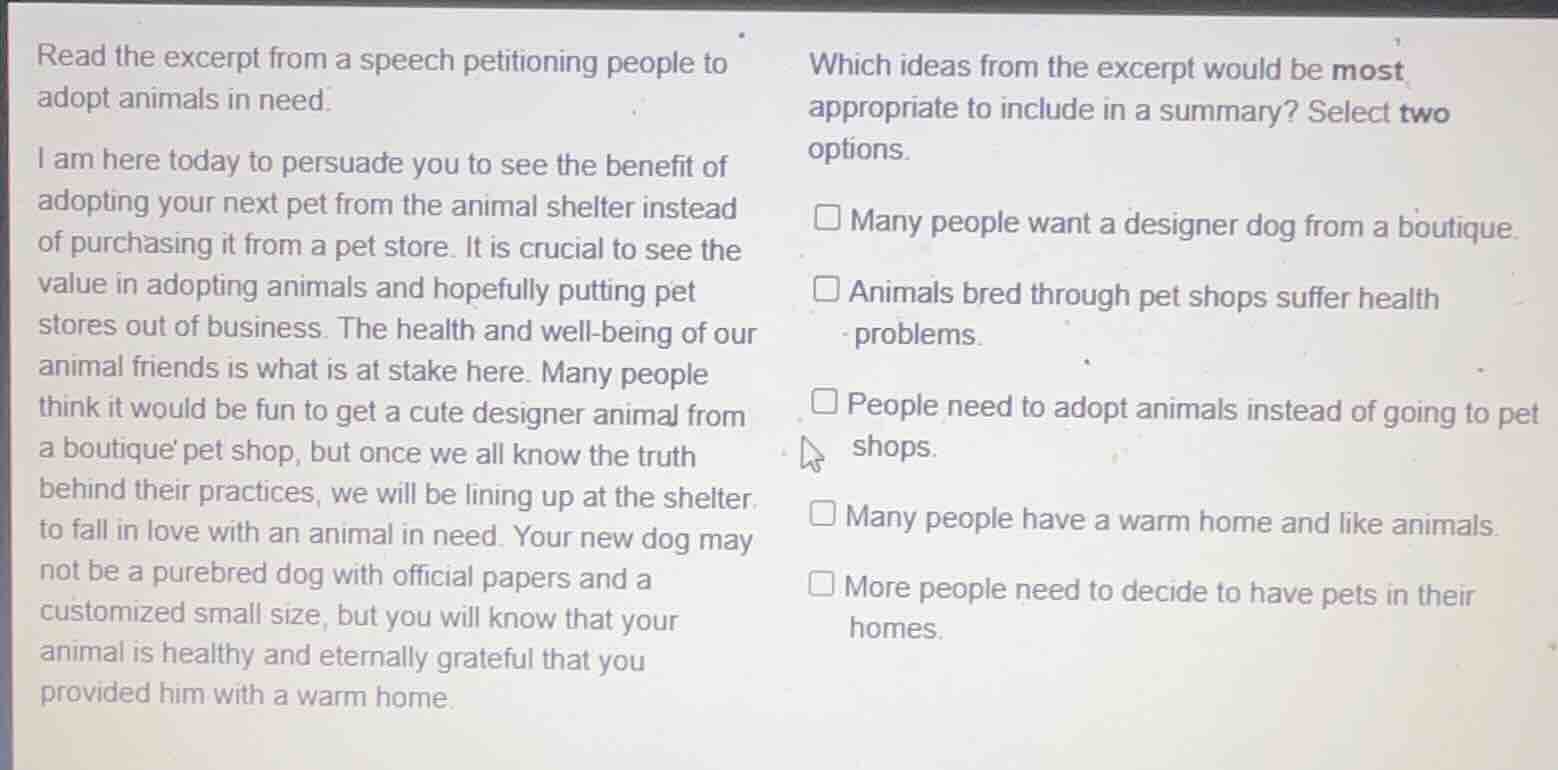 read the excerpt from a speech petitioning people to adopt animals in n…