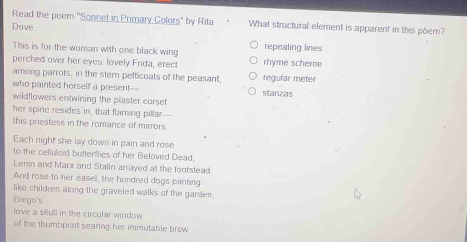 read the poem \sonnet in primary colors\ by rita dove. this is for the …