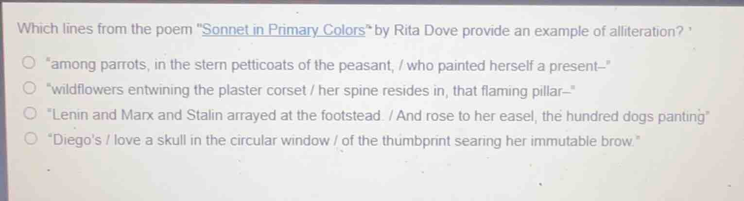 which lines from the poem \sonnet in primary colors\ by rita dove provi…