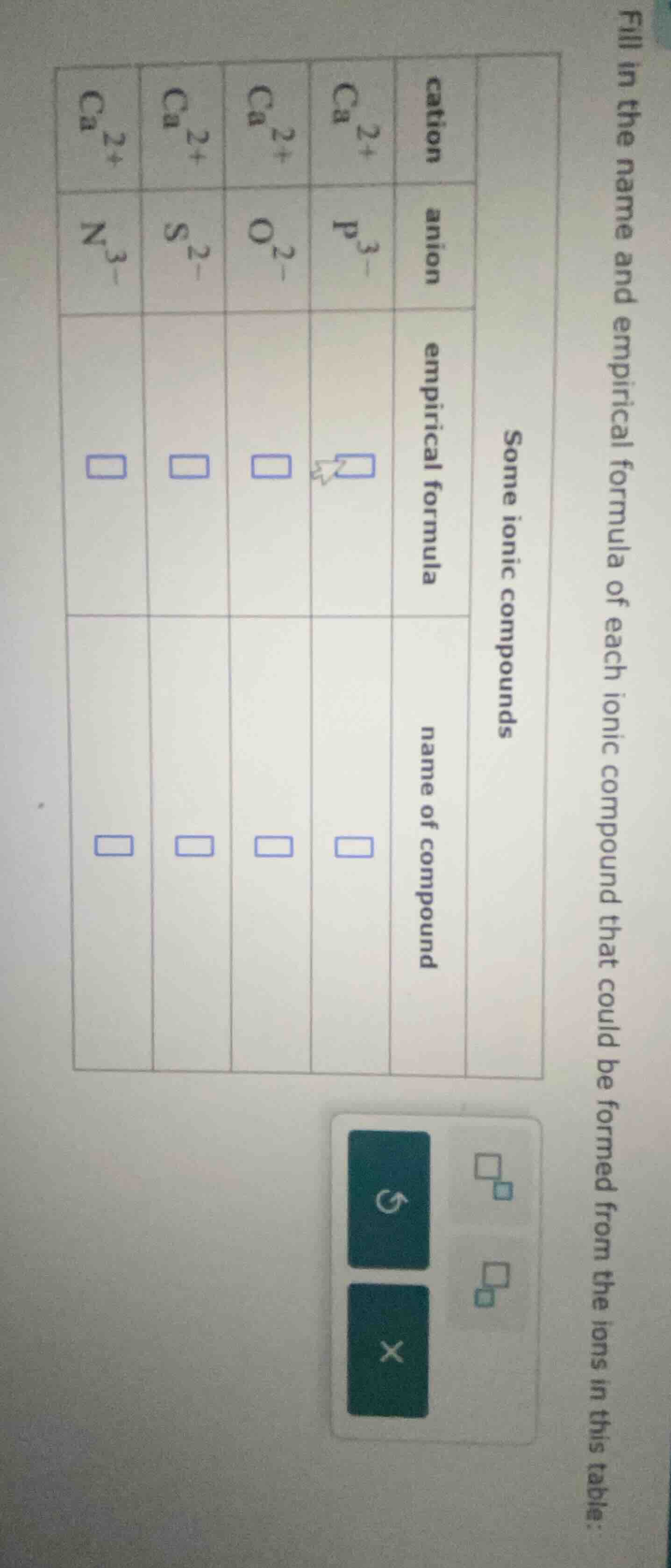 fill in the name and empirical formula of each ionic compound that coul…