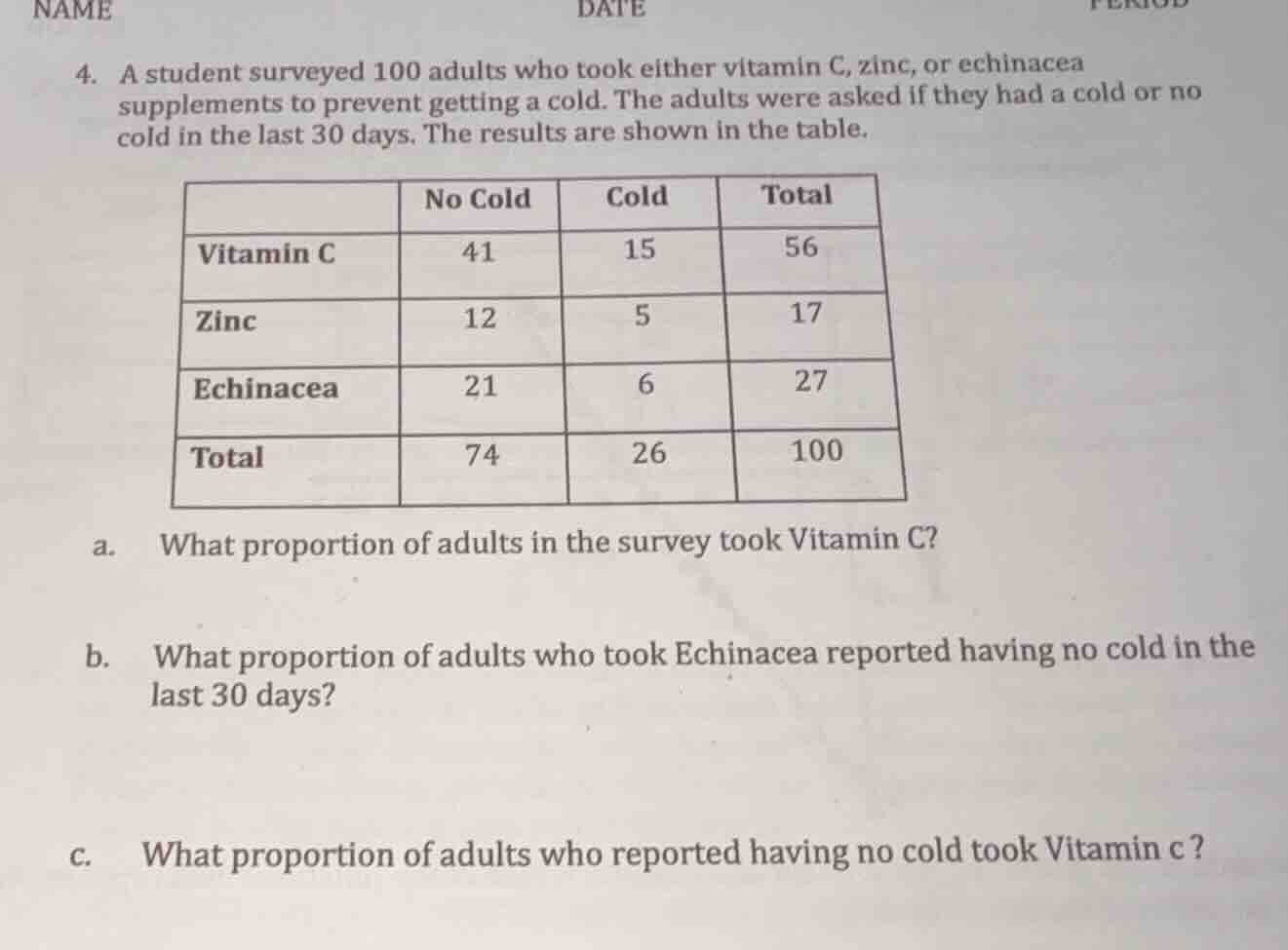 4. a student surveyed 100 adults who took either vitamin c, zinc, or ec…