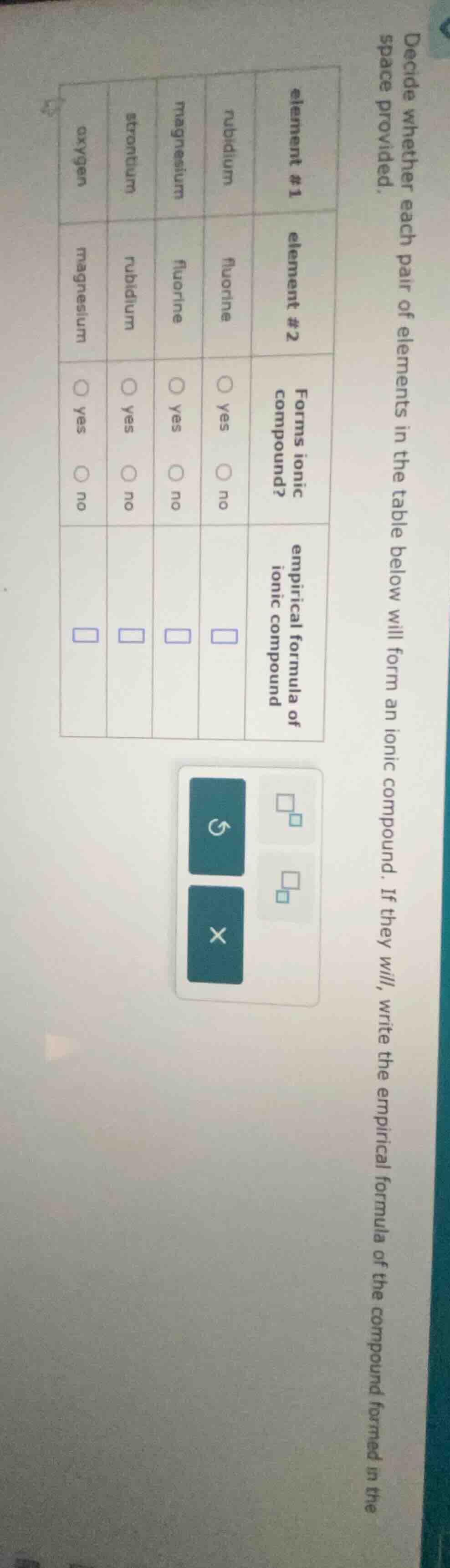 decide whether each pair of elements in the table below will form an io…