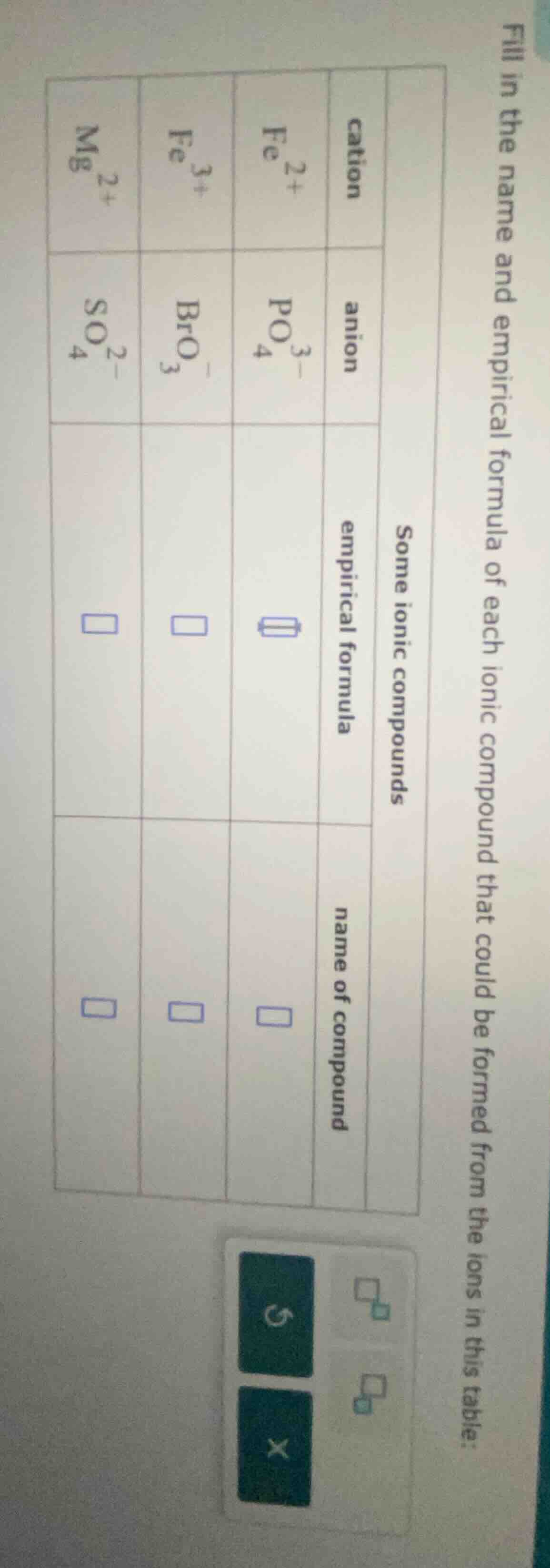 fill in the name and empirical formula of each ionic compound that coul…